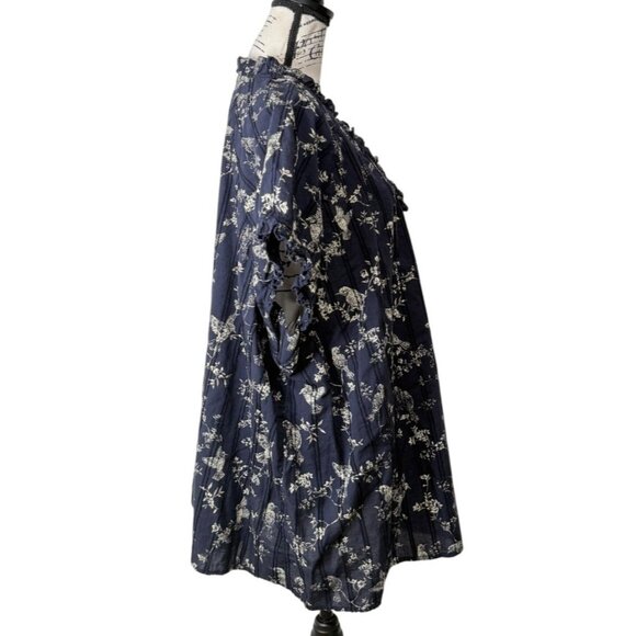 J. Jill Top Floral Bird Short Sleeve Blouse Ruffle Navy Blue Womens Size 4X - Picture 2 of 8